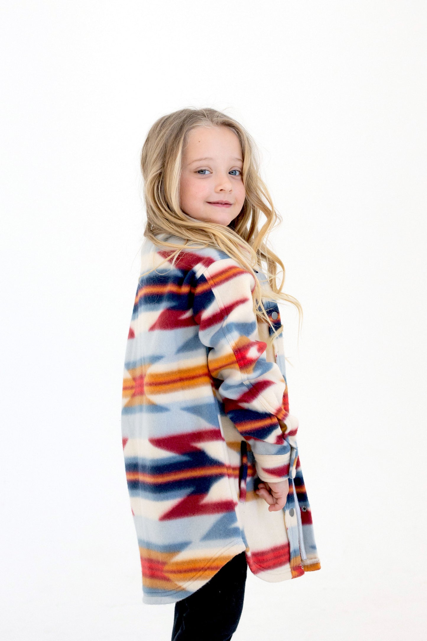 Girls and Toddlers Red Tribal Polar Fleece Shacket with Functional Pockets