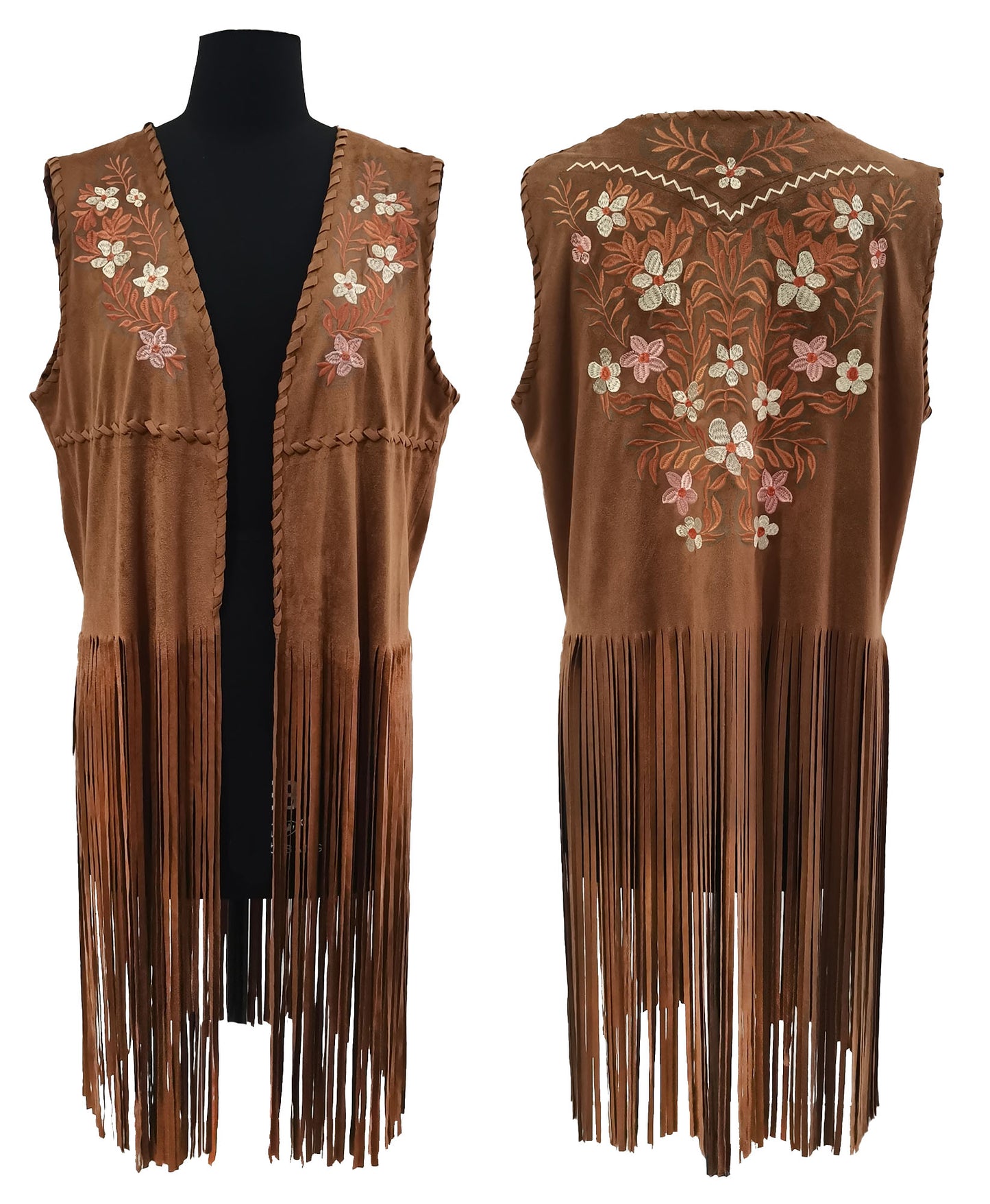 Girl's Fringe Floral Embroidered Whipstitch Faux-Suede Vest