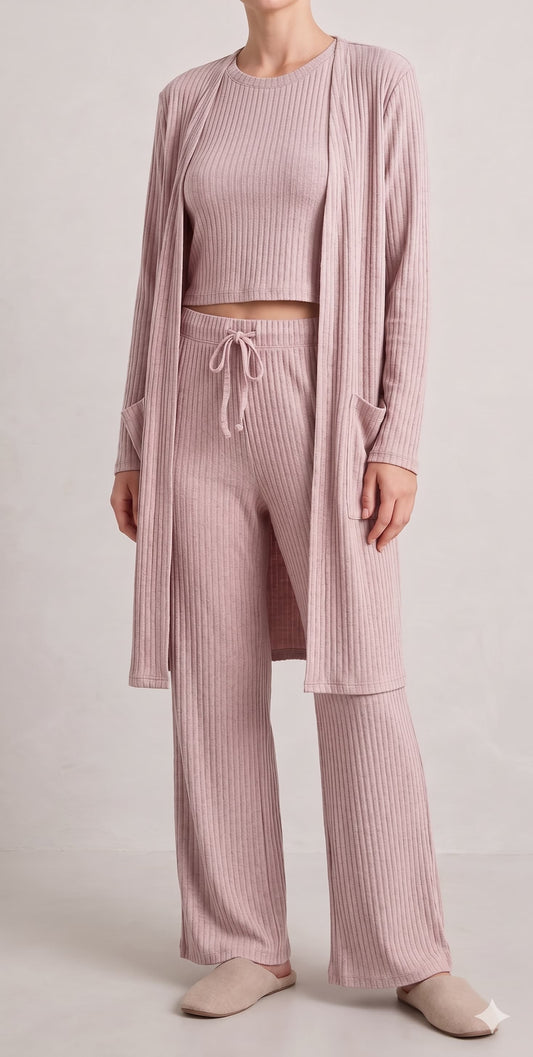 Ribbed Lounge 3 Piece Set (Tank+Pant+Cardigan)