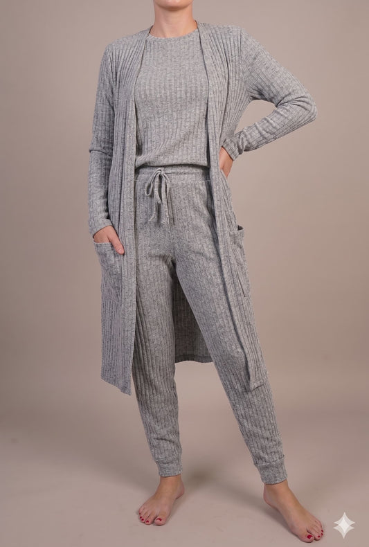 Ribbed 3 Piece Lounge Set (Cardigan + Pullover + Jogger)