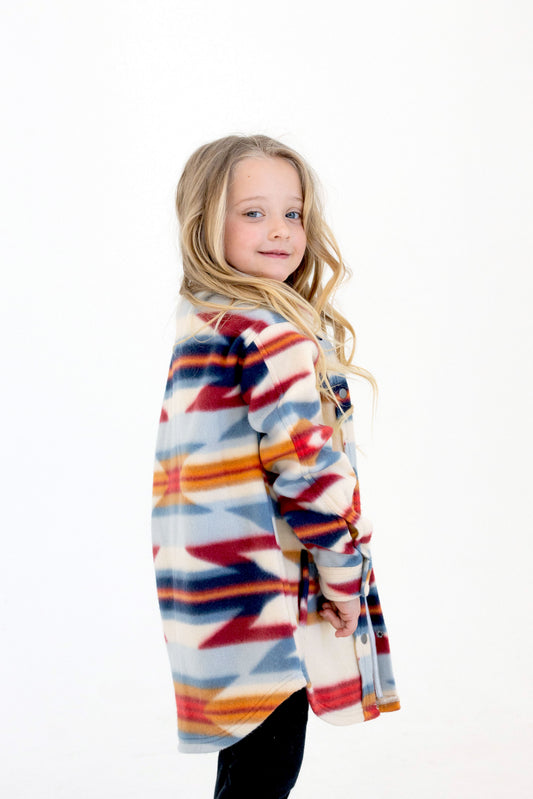 Girls and Toddlers Red Tribal Polar Fleece Shacket with Functional Pockets